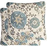 Mika Home Pack of 2 Jacquard Circle Floral Throw Pillow Case Decorative Pillow Cover for 22X22 Inserts Cream Blue