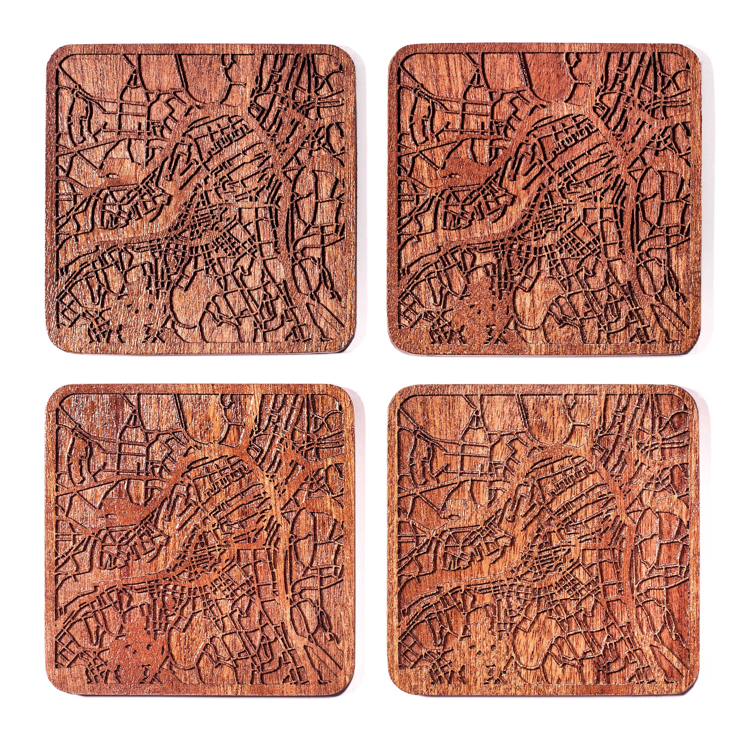 Goteborg Map Coaster, Set of 4, Sapele Wooden Coaster with City Map, Handmade