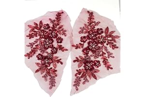 Heyiwell 1 Pair 3D Sequin Beads Flower Embroidery Patches Applique Lace Floral Motif for Wedding Dress Sewing Lace Decor 21x12cm(Wine Red)