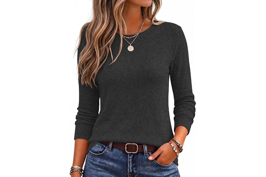 Ekouaer Womens Long Sleeve Shirts Casual Crewneck Thermal Tops Fall Clothes | Ribbed Tops, Soft Thermal Undershirts, Lightweight Basic Tees, Home, Work, Travel, Business, 2026 Fashion Outfit