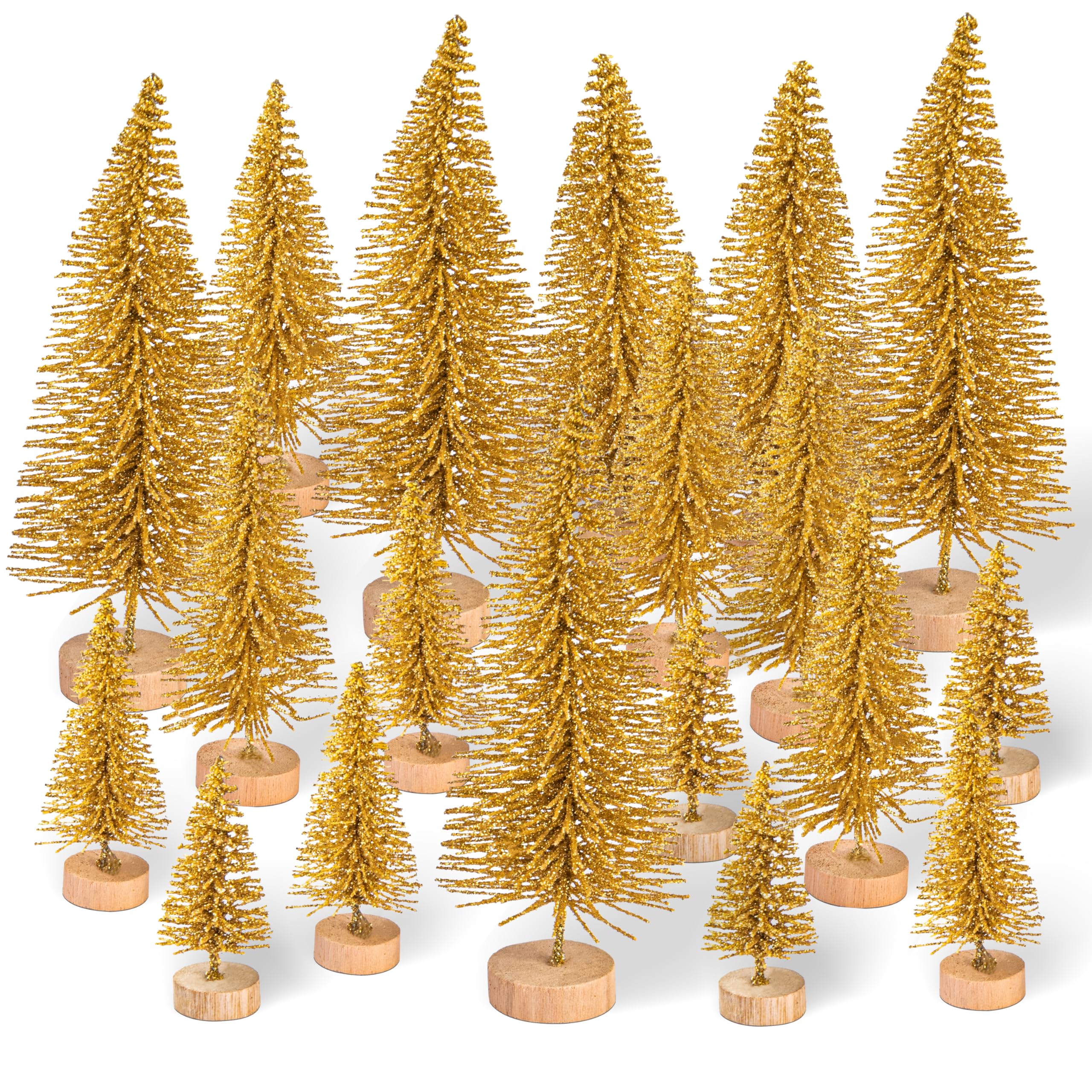 Btowin VCF 20 Pcs Mini Christmas Trees, Artificial Snow Frost Trees Gold Sisal Tree Bottle Brush Tree with Wood Base Mini Pine Tree DIY Craft Ornaments for Christmas Party Home Tabletop Decor