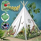 W&O Dinosaur Discovery Teepee with Roar Button, LED Lights & Plush Mat - The Most Stable Teepee - Never Collapses with Rowdy Playtime