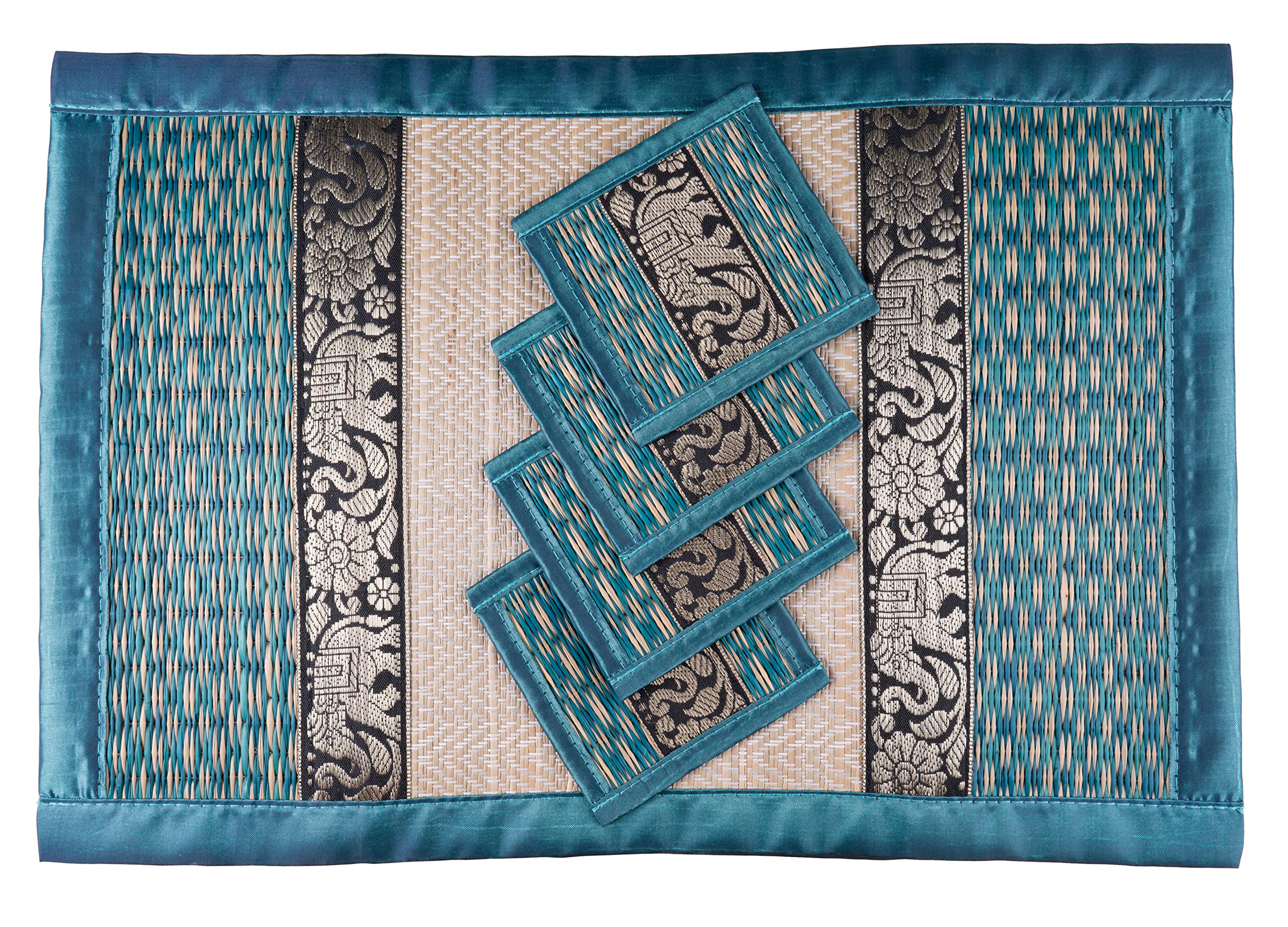 Cccollections Hand-Woven Table Placemats & Coasters Set for Everyday Dining | Thai Style Wicker Placemats Alternative to Plastic Heat Resistant - 4 Pcs