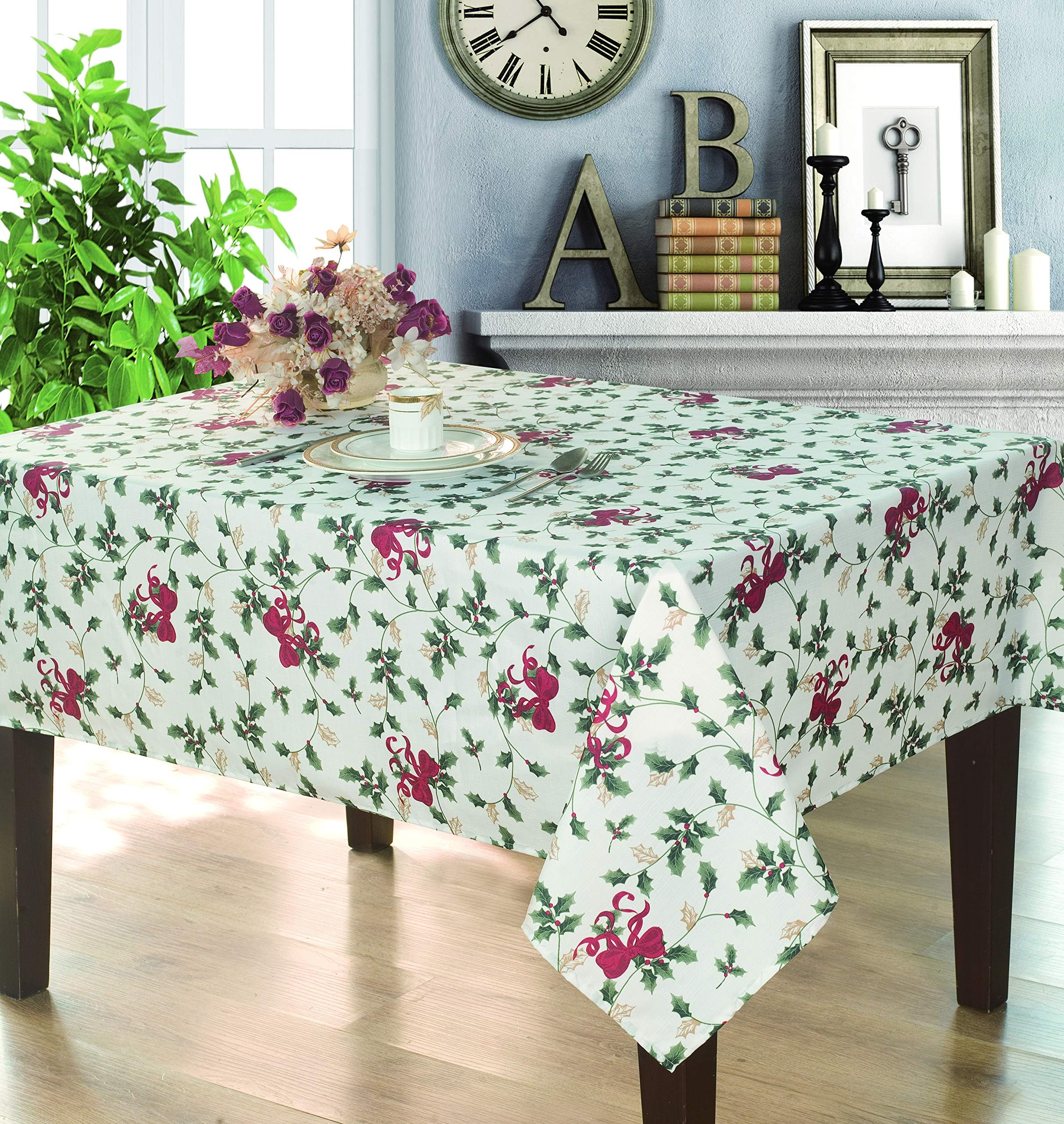 Home Secret Christmas Jacquard Waterproof Thick Elegant Tablecloth Liquid Repellent and Stain Resistant, Red Green White Color Christmas Wreath Pattern Oblong 60 x 120 Inch