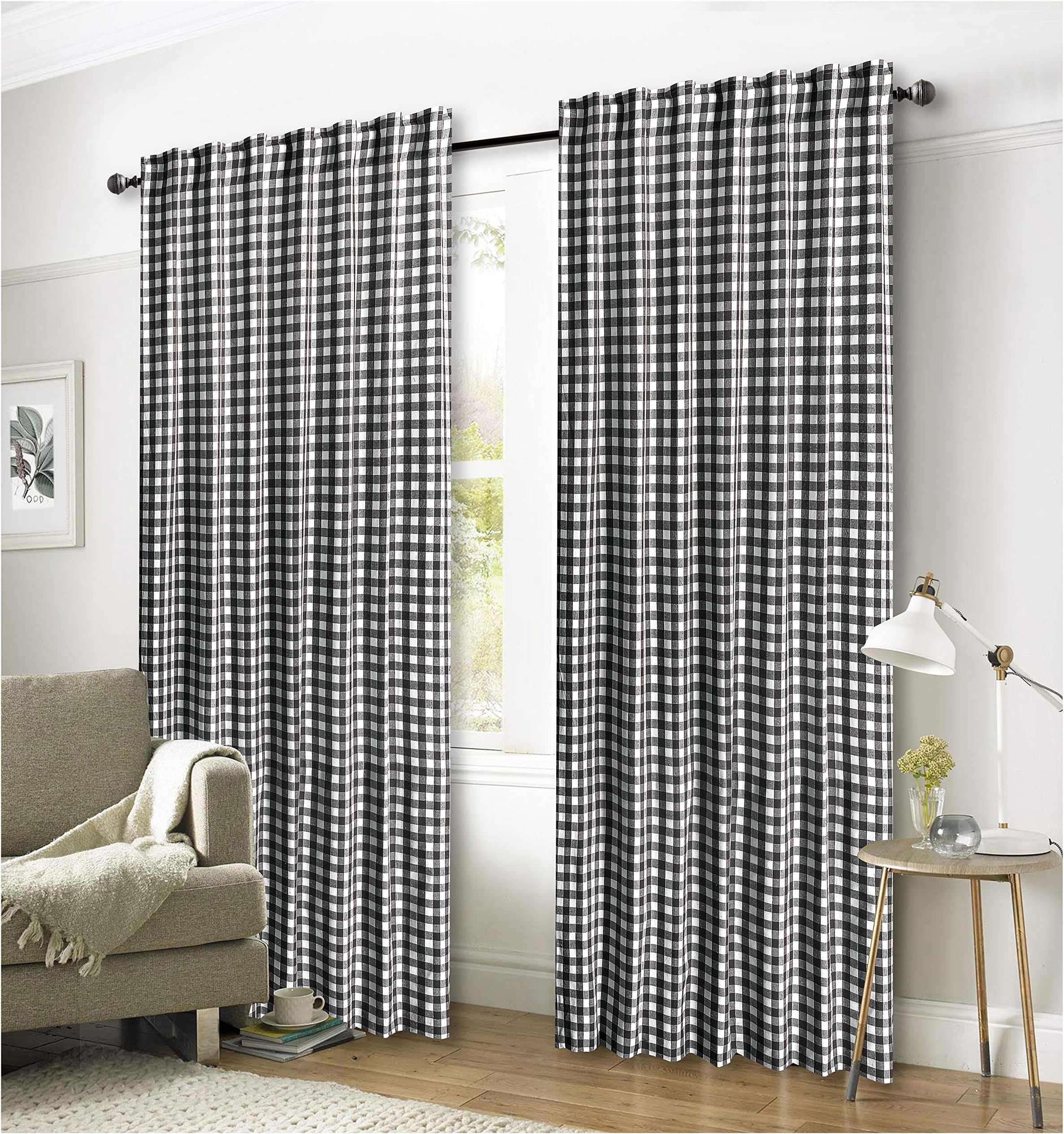 Gingham Check Window Curtain Panel, 100% Cotton, Black/White, Cotton Curtains, 2 Panels Curtain, Tab Top Curtains, 50x96 Inches, Set of 2
