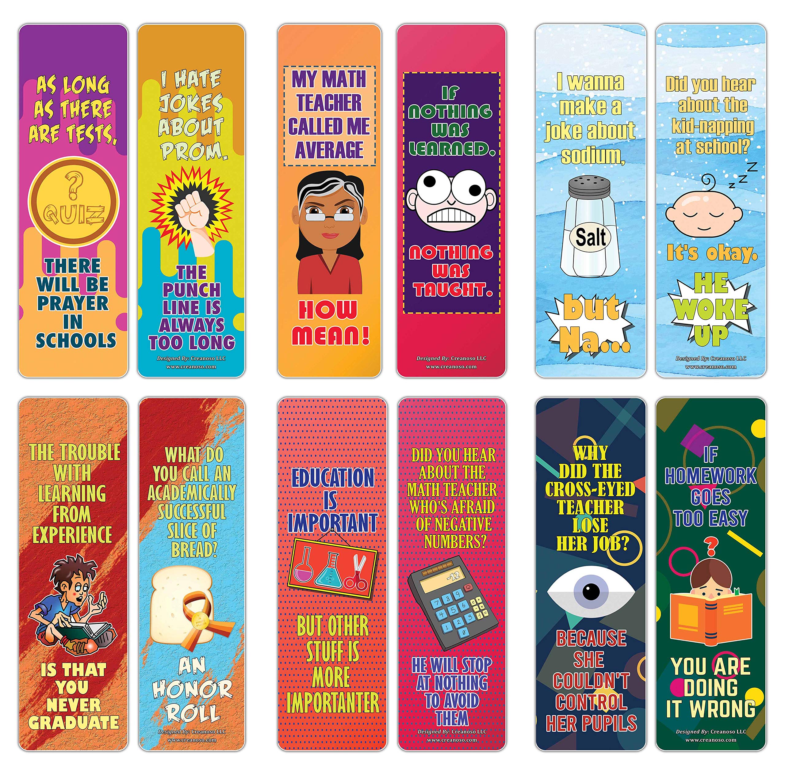 Creanoso School One Liners Jokes Bookmarks Series 1 (12-Pack) – Six Assorted Quality Bookmarker Cards Set – Premium Gift Token Giveaways for Men, Women, Adults – Cool Book Page Clippers