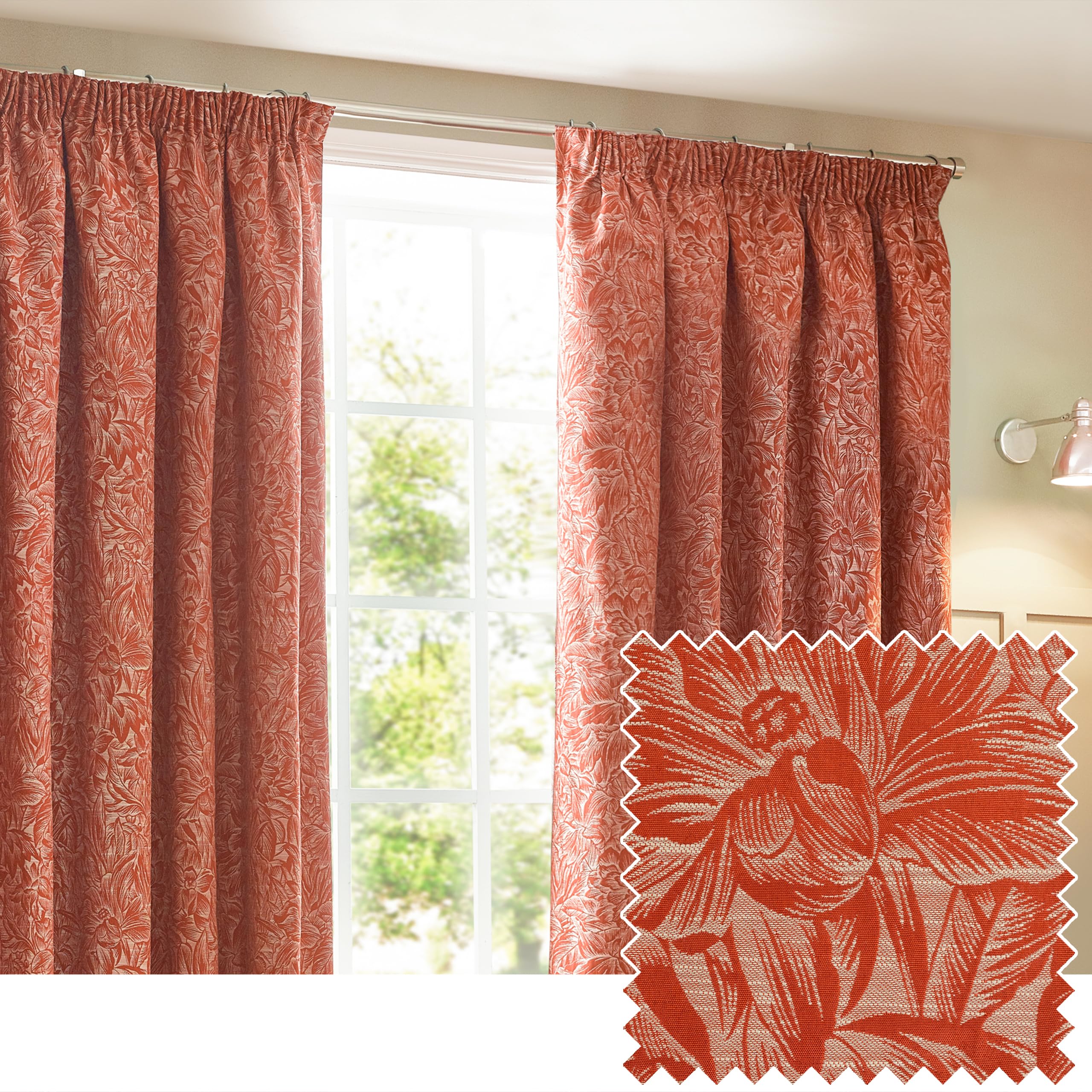 furn. Wylder Nature Grantley Jacquard Pencil Pleat Curtains- 2 Panels - Width x Drop - 117 x 137cm (46 x 54) - Brick