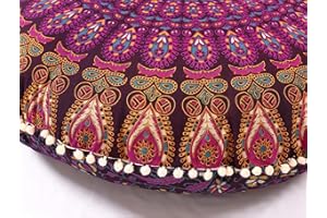 Popular Handicrafts Floor Pillow Cushion Cover - Hippie Mandala Cushion Cover Large with Pom Poms Soft Particles - Pouf Cover Round Bohemian Yoga Decor, 32" Magenta