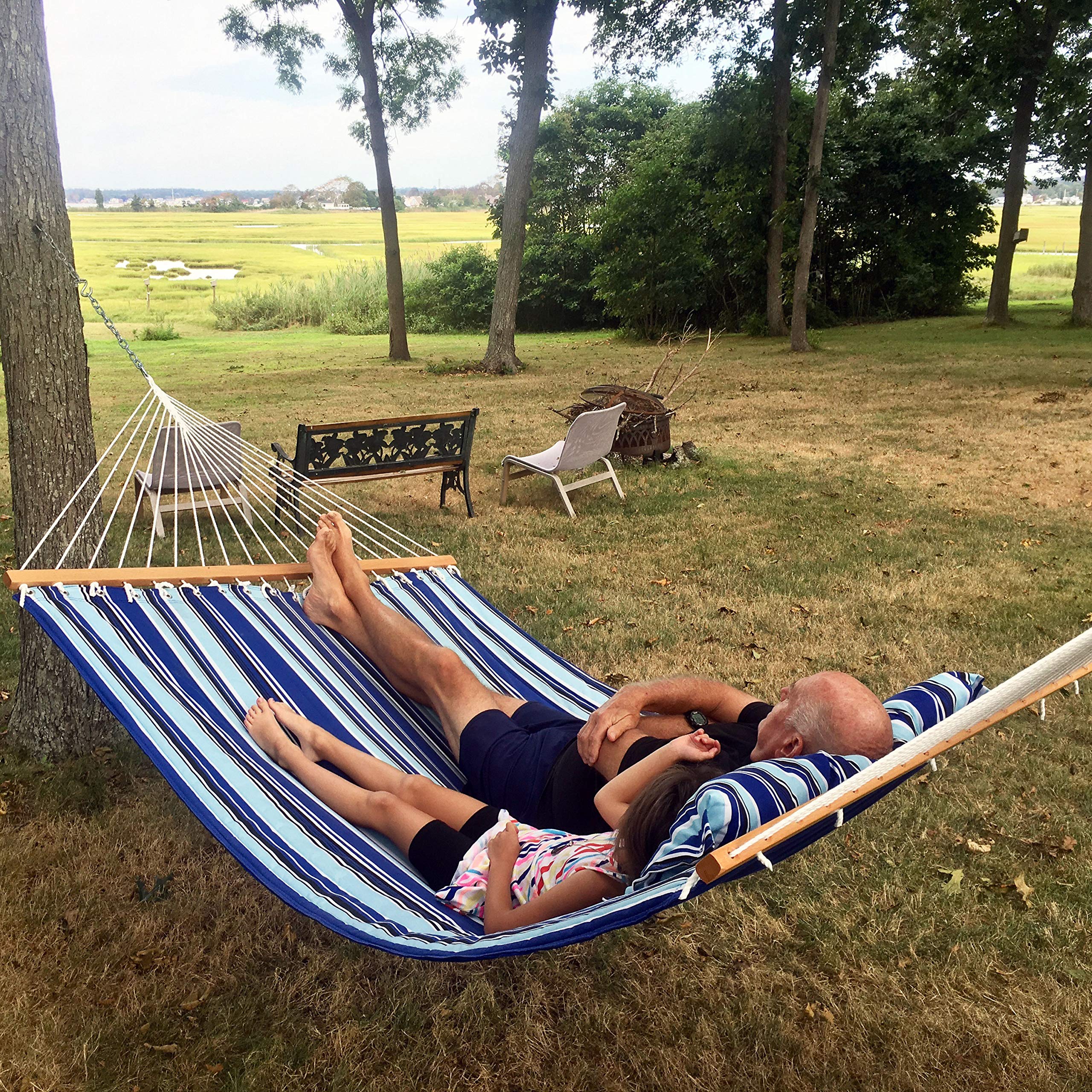 Sunnydaze Quilted Fabric Hammock Two Person with Spreader Bars Heavy Duty 450 Pound Capacity, Catalina Beach