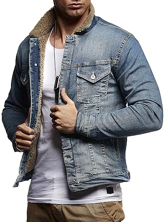 LEIF NELSON Herren Jeansjacke Basic Stretch Jeans Jacke mit Fell Stehkragen Übergangsjacke Freizeitjacke Slim Fit LN9610