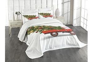 Ambesonne Christmas Bedspread, Red Retro Style Farm Truck and Big Xmas Tree Tinsel Balls Candy Design, Decorative Quilted 3 Piece Coverlet Set with 2 Pillow Shams, Queen Size, Green White