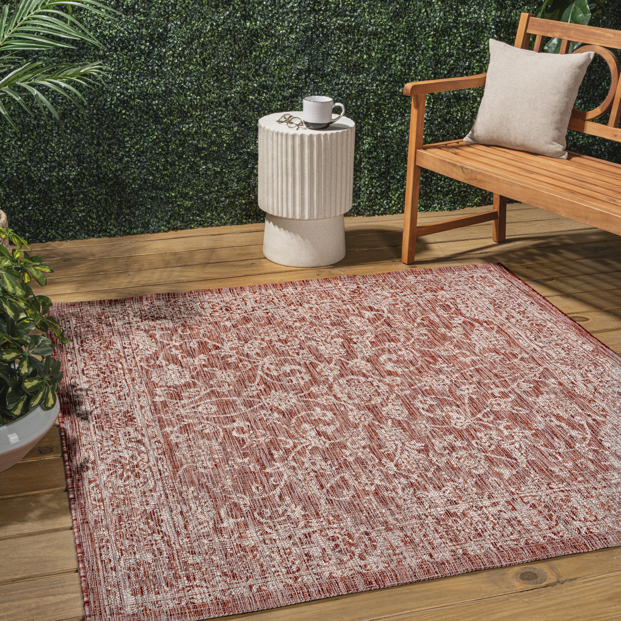 JONATHAN Y Weave Floral Indoor Outdoor Square Area Rug 9X9 Red/Taupe, Tela Bohemian Textured for Backyard, Patio, Porch, Easy-Cleaning, High Traffic, Pet-Friendly, Non-Shedding (SMB100A-9SQ) Image