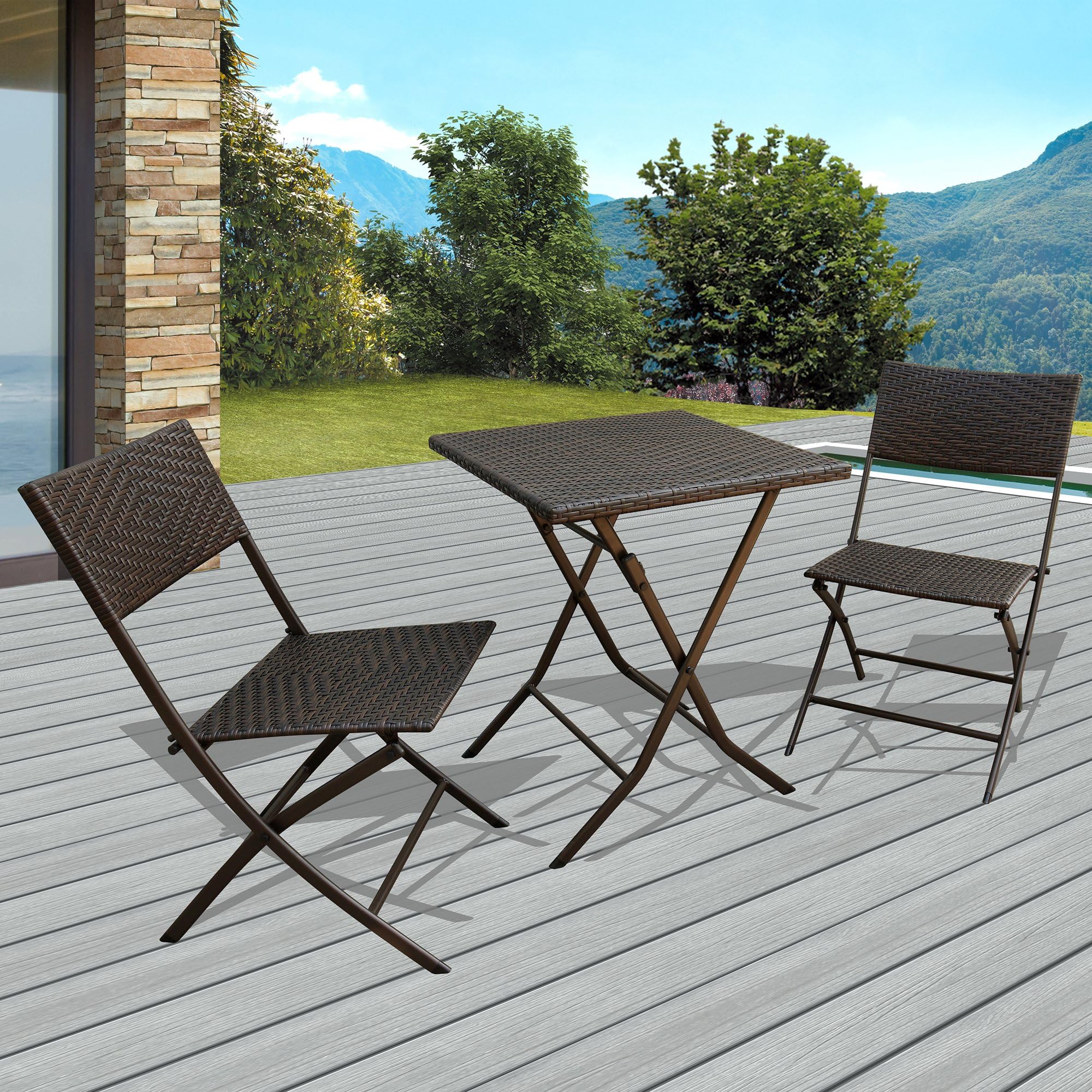 Patiorama 3 PCS Outdoor Wicker Rattan Steel Folding Table and Chairs Bistro Set, Rich Textured Espresso Brown