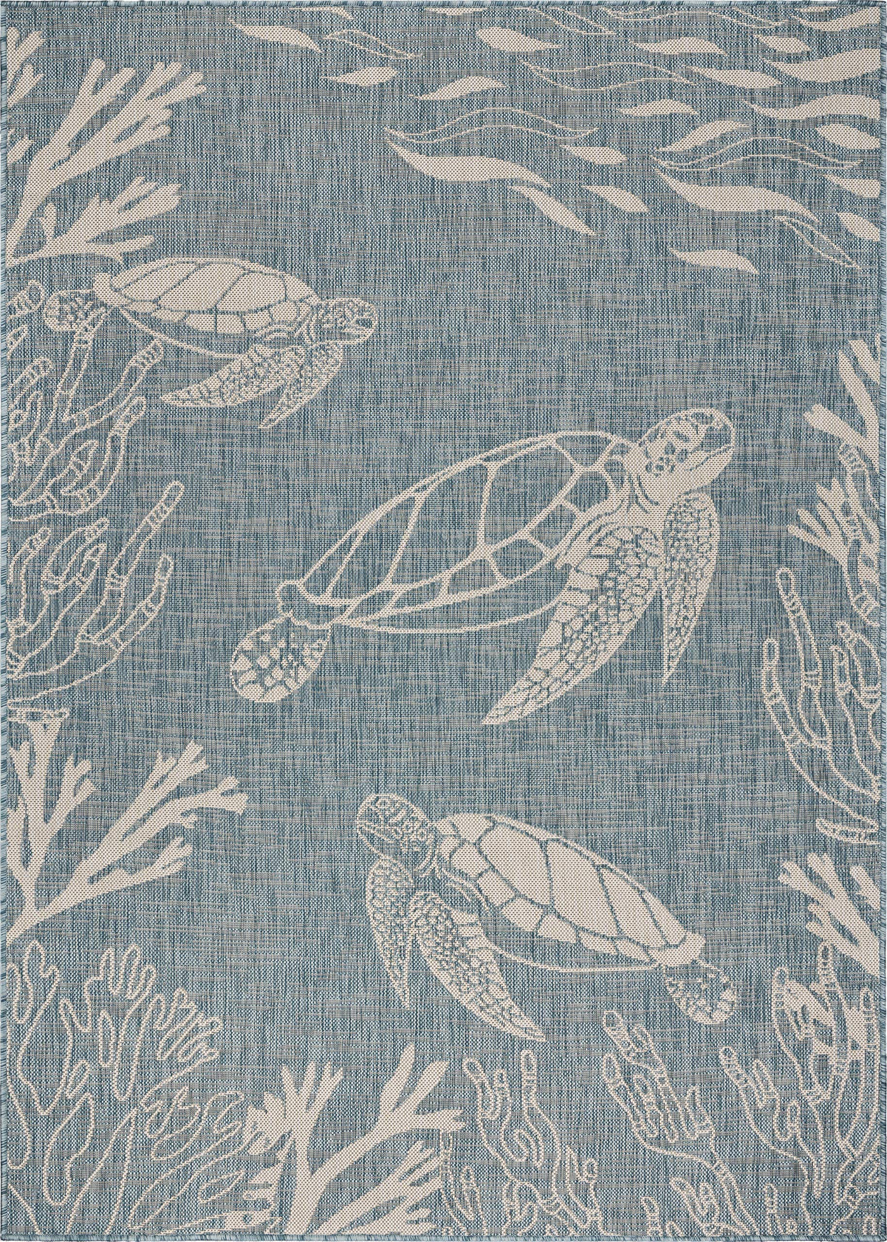 LR Home 8×10 Outdoor Area Rug | Turkish Carpet for Patio, Deck, Backyard, Garden, Front Porch, Picnic, Courtyard and Balcony | Large Boho Farmhouse Coastal, Beach, Coral Reef Themed Rug | Aqua/White