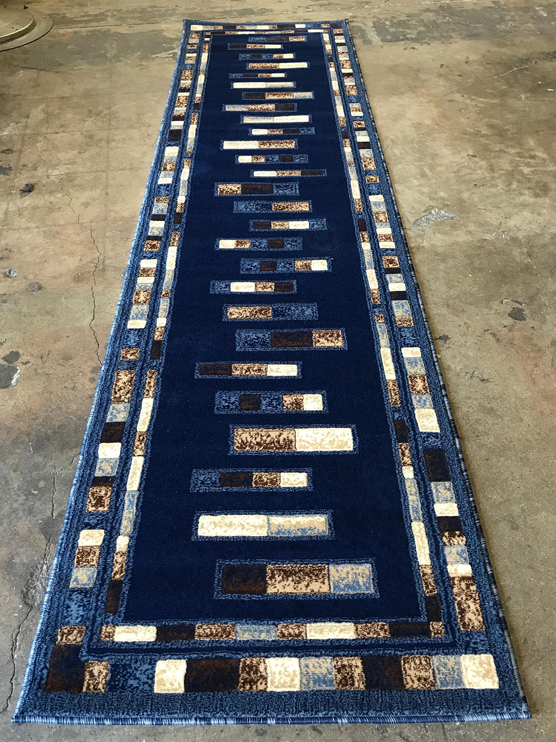 emirates Modern Geometric Long Runner Rug Dark Blue Design 504 (31 Inch