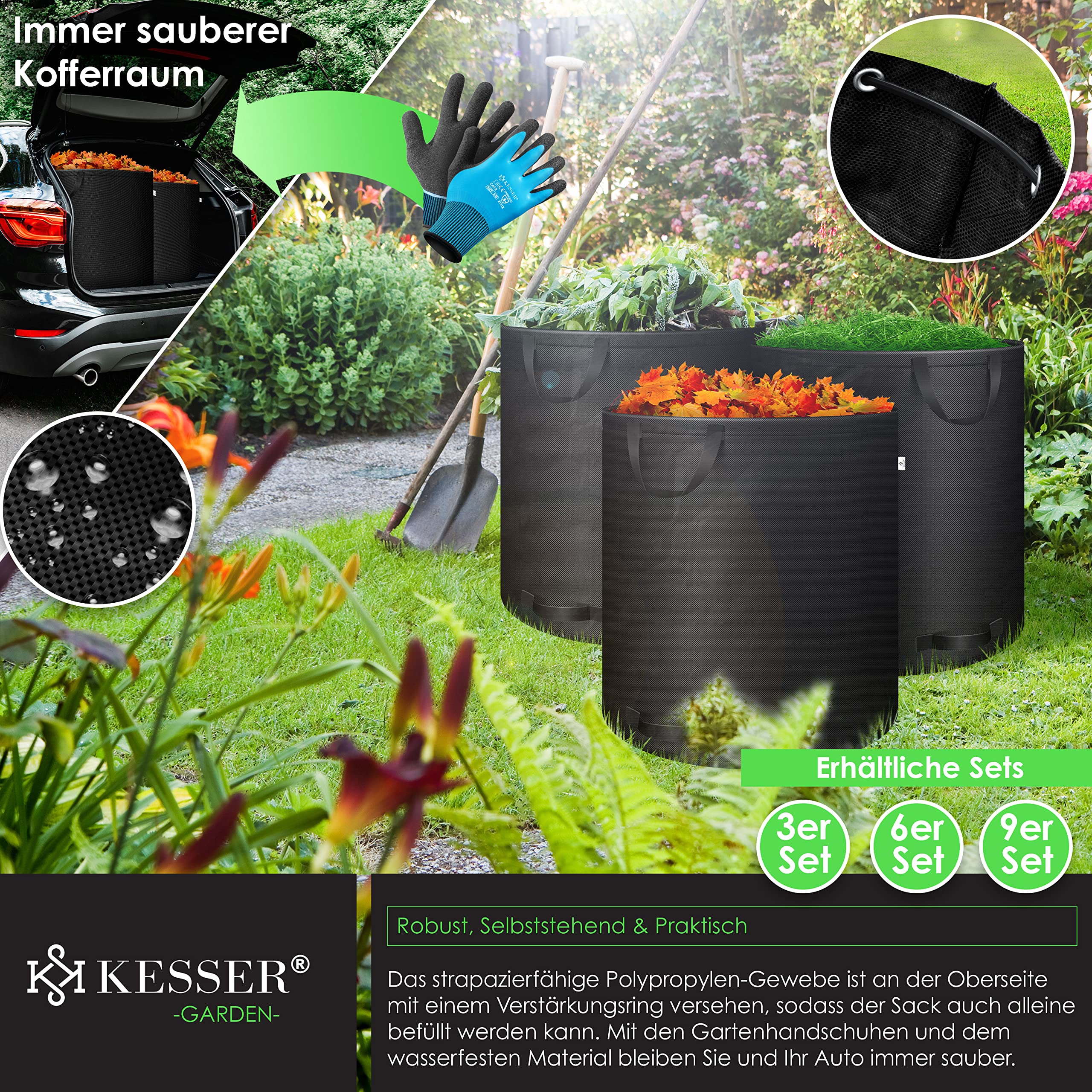 KESSER® Gartensack 3x 272L Set Laubsack Gartenabfallsack inkl. Handschuhe - Selbststehend 4 Griffe Stabil Robust & Faltbar - Laubsäcke Rasenschnitt für Gartenabfälle Grünschnitt Schwarz 4