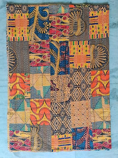 Couvre-lit Indien Kantha YUVANCRAFTS - Fait Main, Coton, Réversible, 220x270 Cm
