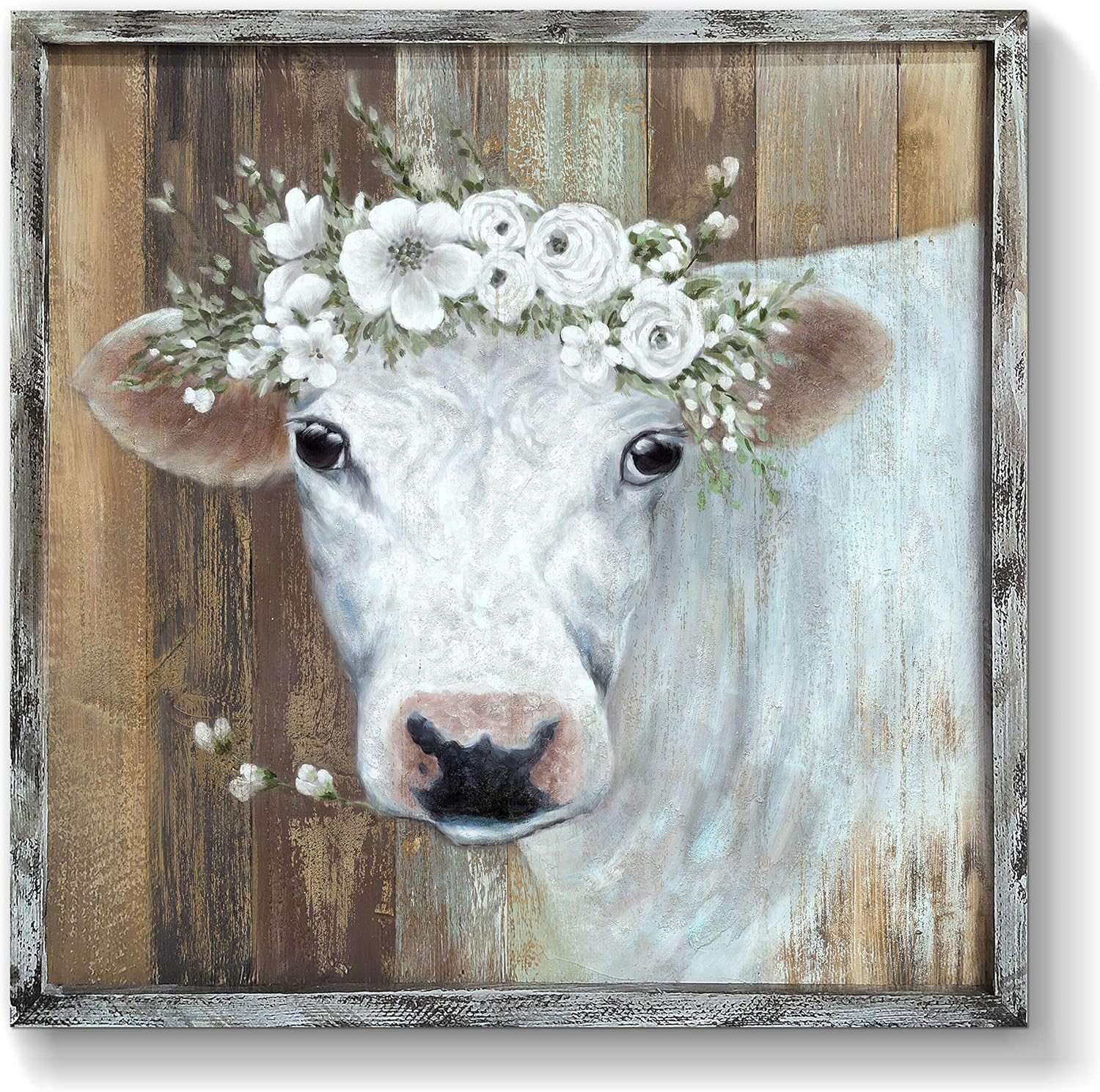 Paintings - Animal Framed Picture Wall Art: White Cow Artwork Hand Painted Painting on Wooden Board for Bedroom (24