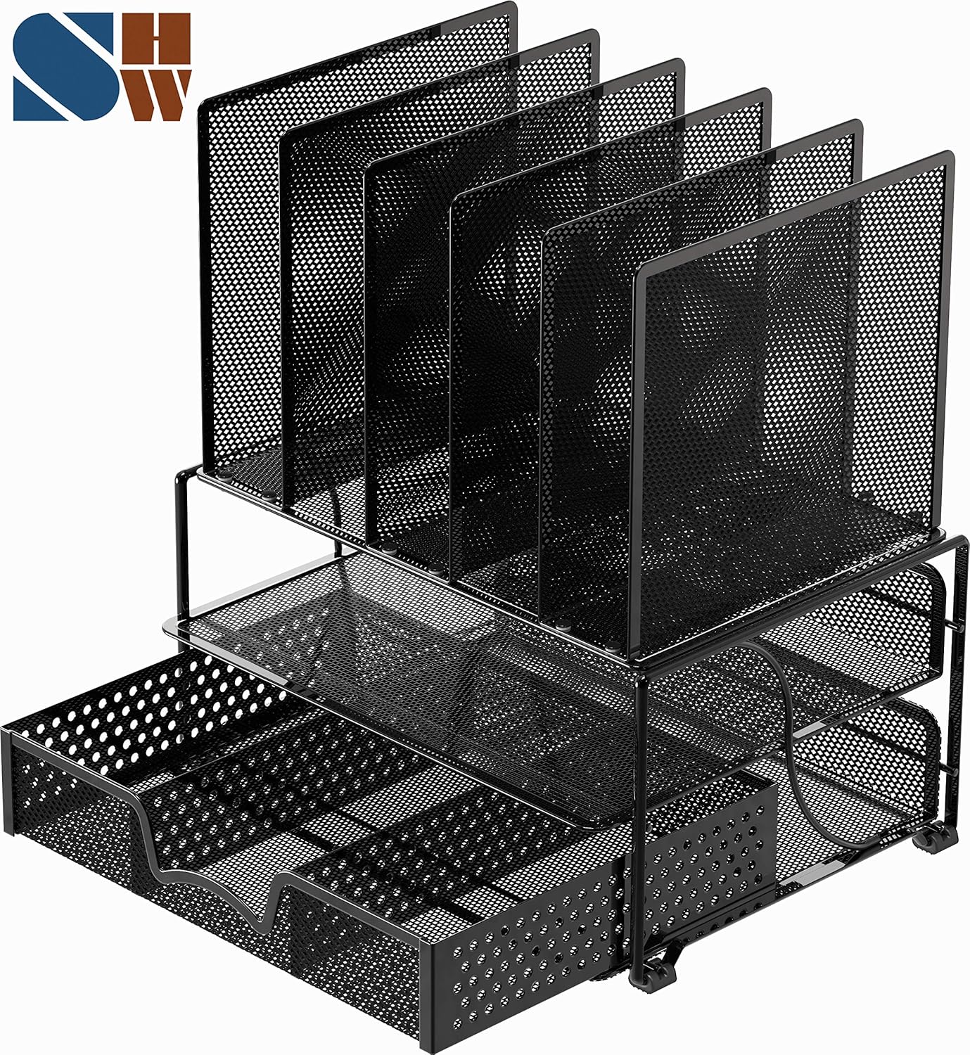 SimpleHouseware Mesh Desk Organizer with Sliding Drawer, Double Tray and 5 Upright Sections, Black : Office Products