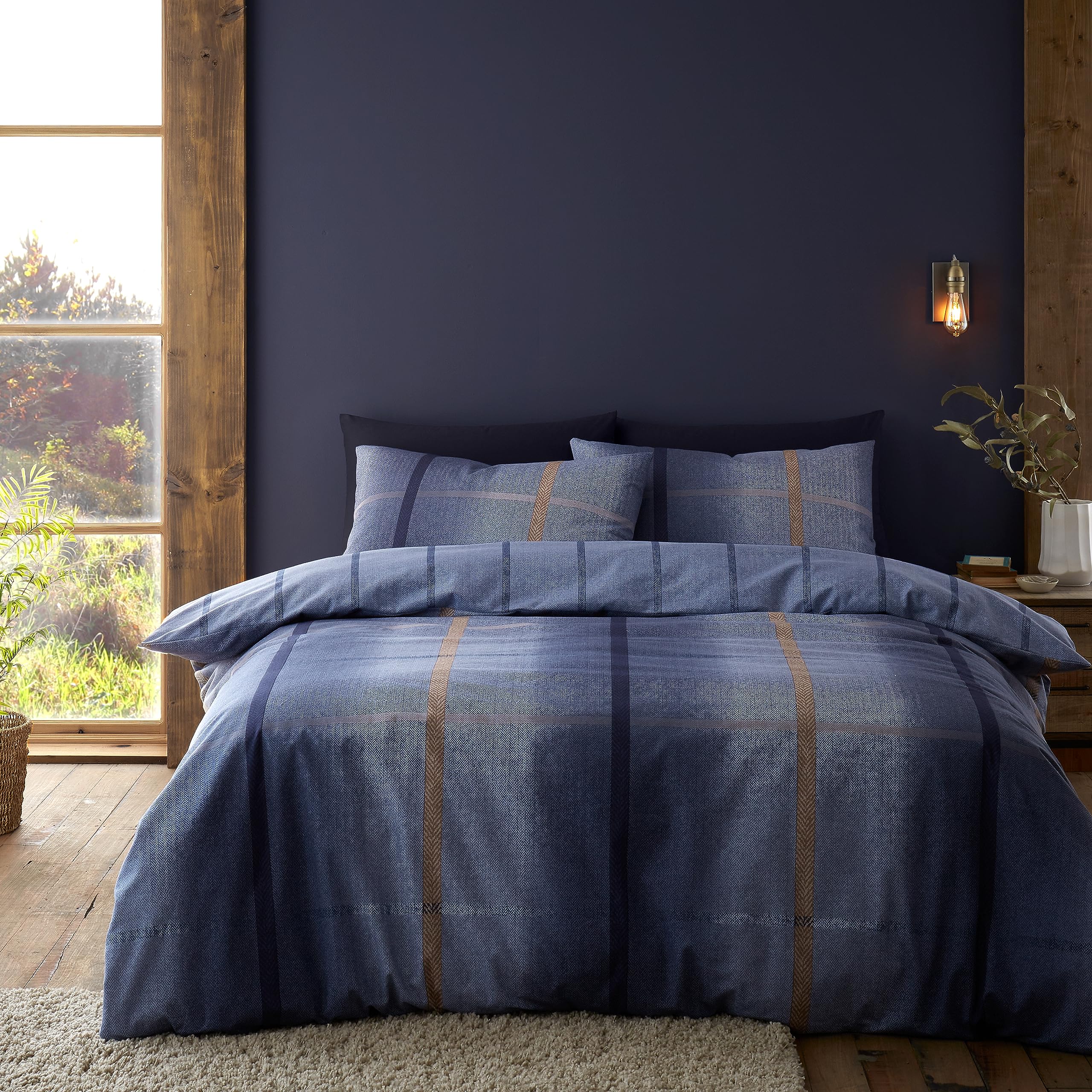 Catherine Lansfield Brushed Cotton Melrose Tweed Check Reversible Double Duvet Cover Set with Pillowcases Blue