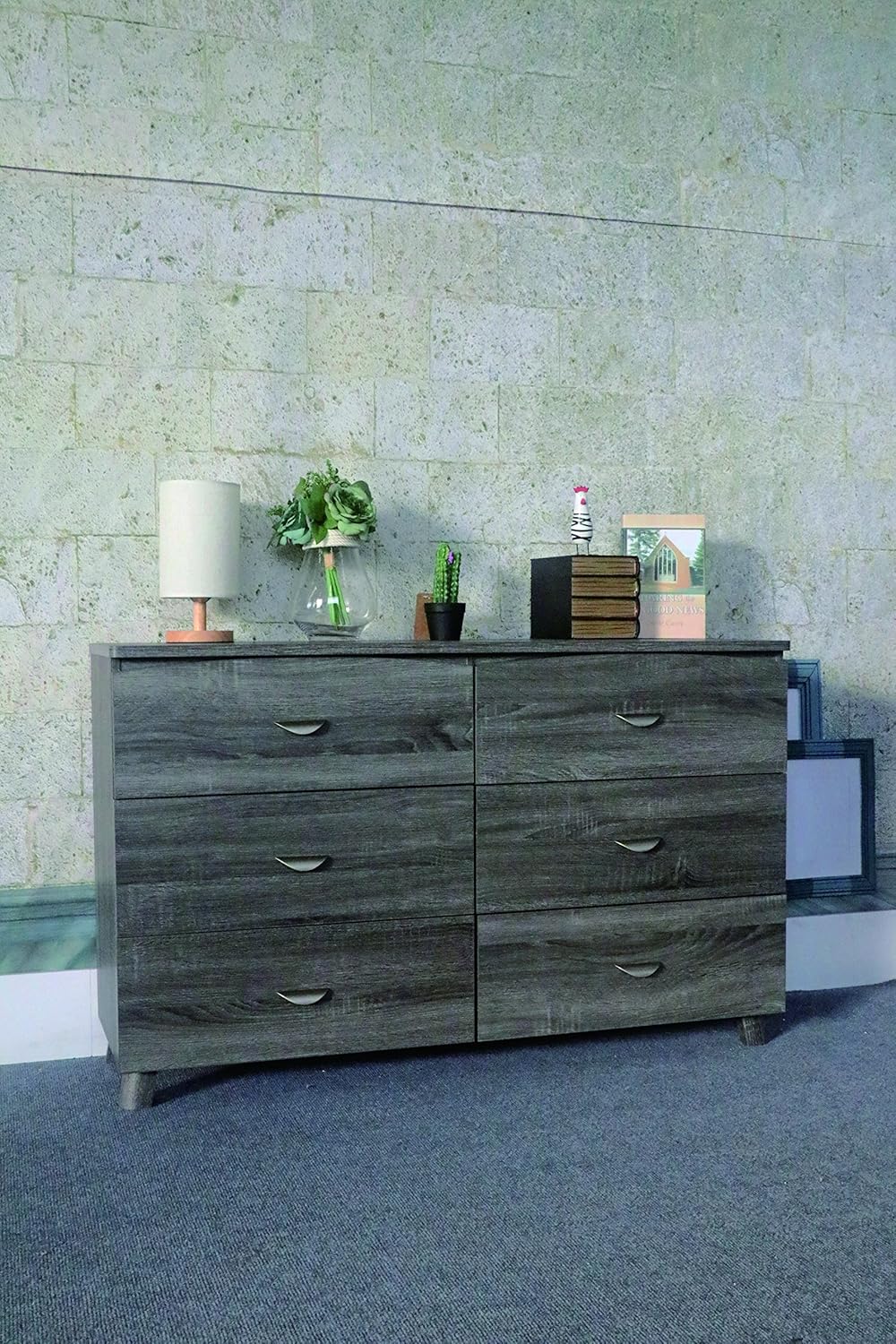 Smart Home Y1604 Mid Century Modern 6-Drawer Dresser, Distressed Grey Color, Dresser for Bedroom