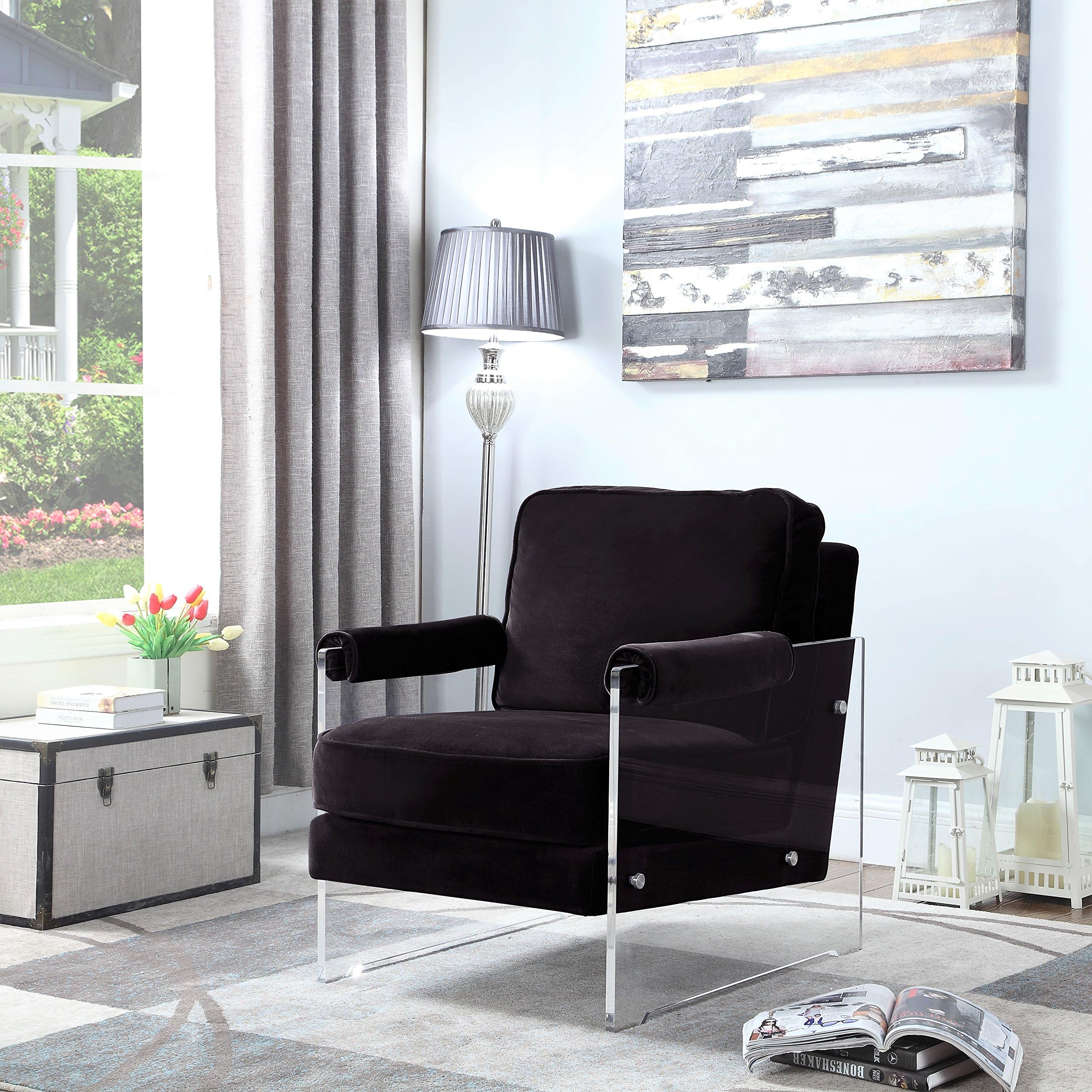 Iconic Home Logan Modern Contemporary Acrylic Frame Upholstered Arm Velvet Accent Chair, Black