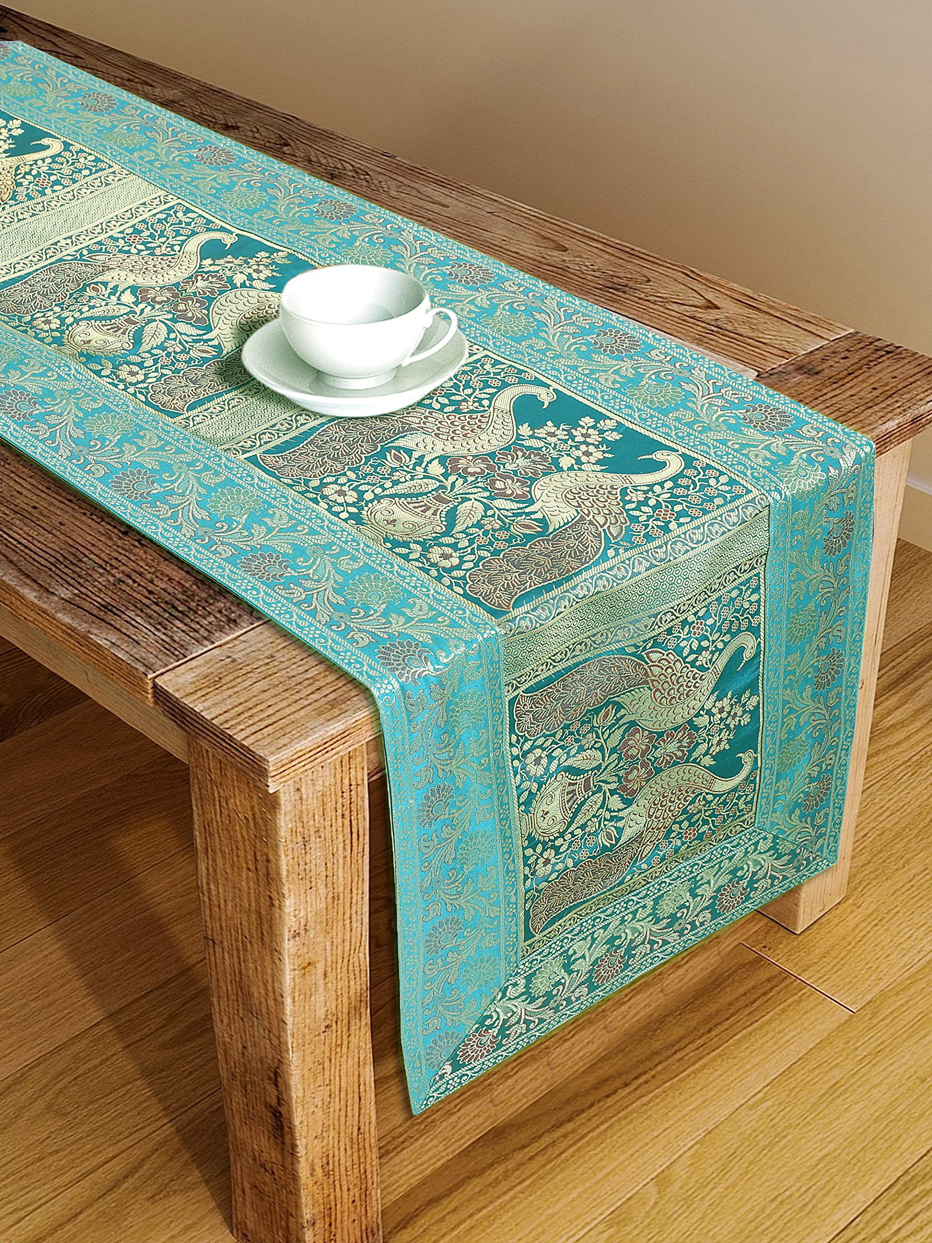 Maniona Turquoise Blue Ethnic Silk Brocade Peacock Design Dining Table Decoration Embriodered Rectagular Table Runner 16X60 Inch