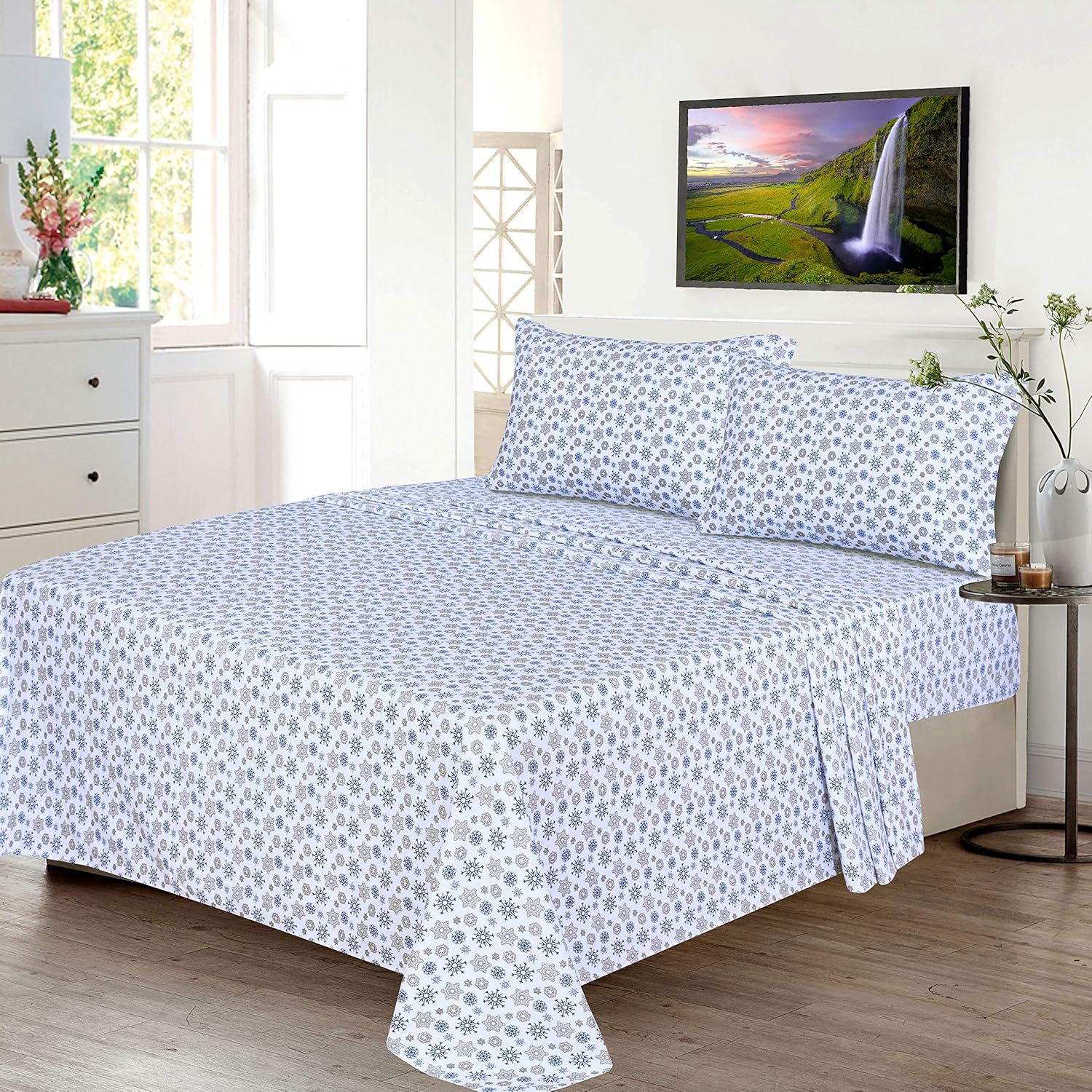 Ruvanti 100% Cotton 3 Pcs Flannel Sheets Twin XL Snow Flake Print - Deep Pocket, Warm, Super Soft & Breathable Twin XL Size Flannel Bed Sheets Set Include Flat Sheet, Fitted Sheet &1 Pillow Case: Home & Kitchen