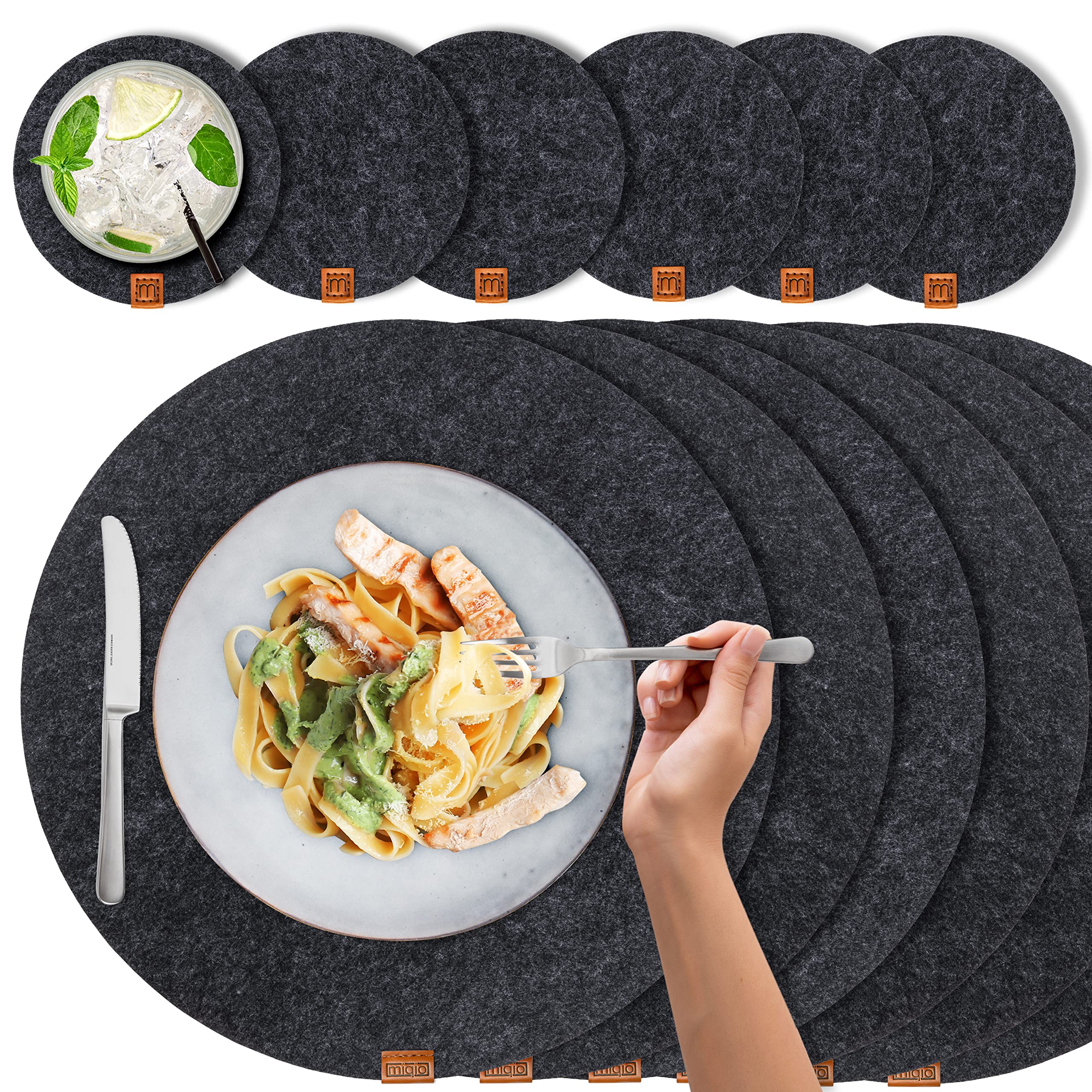Scandi Style Felt & Leather Placemats (Round) - 4 Table Mats + 4 Glass Coaster (Dark Grey Flecked with Leather Applique, 37x37 (6er Set)) — image 1