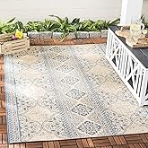 SAFAVIEH Washable Rug Outdoor Beach House Collection - 6'7" x 9'2", Blue & Cream, Non-Shedding & Easy to Clean, Ideal for Pat