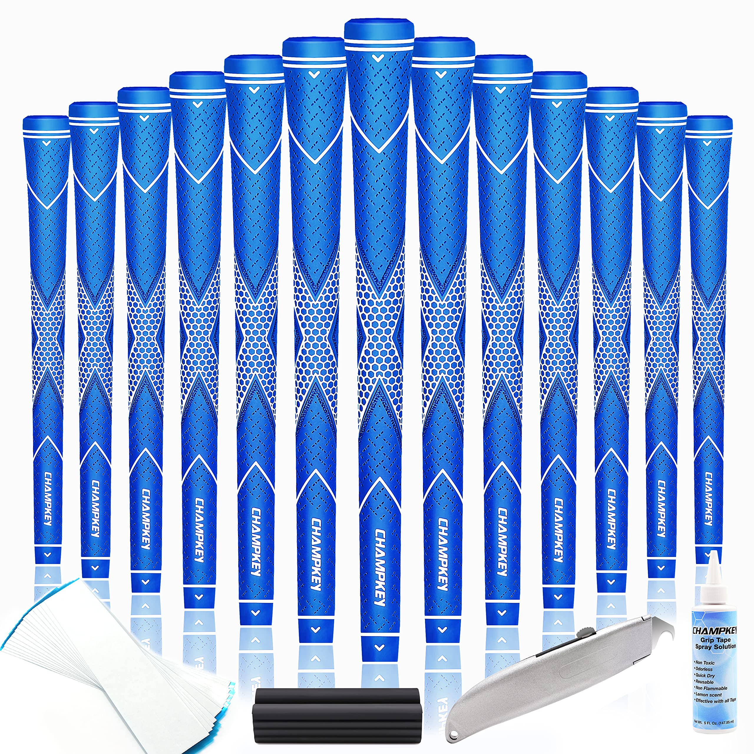 CHAMPKEY Premium Rubber Golf Grips 13 Pack | High Traction and Feedback Rubber Golf Club Grips - All Repair Kits (Blue&White, Standard)