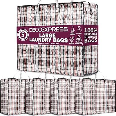 DECO EXPRESS 75L Laundry Bags with Zip & Handles 60x50x25 cm Pack of 5