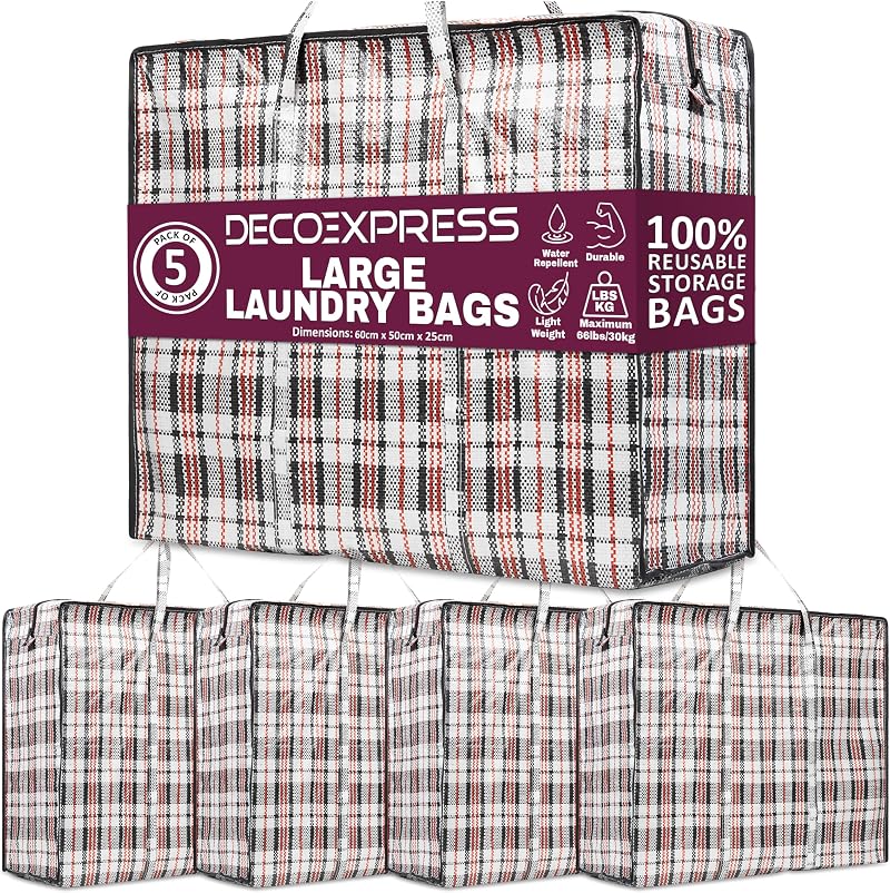 DECO EXPRESS 75L Laundry Bags with Zip & Handles 60x50x25 cm Pack of 5