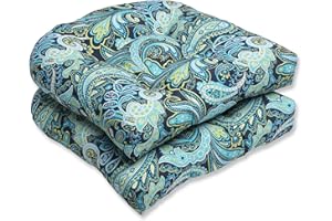 Pillow Perfect Paisley Indoor/Outdoor Chair Seat Cushion, Tufted, Weather, and Fade Resistant, 19" x 19", Blue/Green Pretty, 2 Count