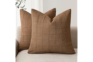 Foindtower Set of 2 Decorative Linen Check Throw Pillow Covers Neutral Farmhouse Vintage Cushion Covers Modern Boho Home Decor for Sofa Chair Couch Bedroom Living Room,20×20 Inch,Brown Hazel