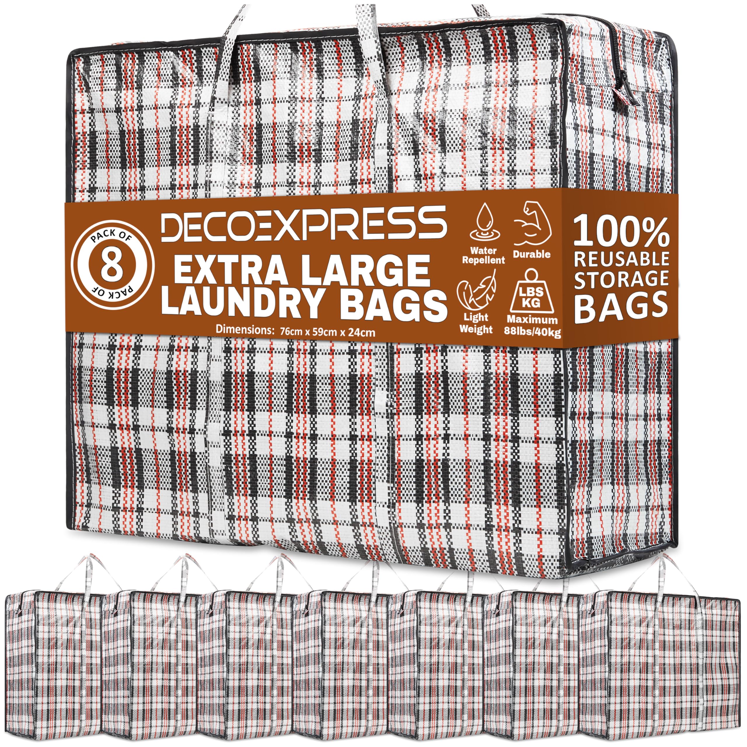 DECO EXPRESS Laundry Bags XXL, Pack of 8, 107L Strong, Durable & Reusable Extra Large Storage Bags with Zips, Ideal for Moving, Shopping, Packing, Laundry & Clothes Storage (76 X 59 X 24 CM) — image 1