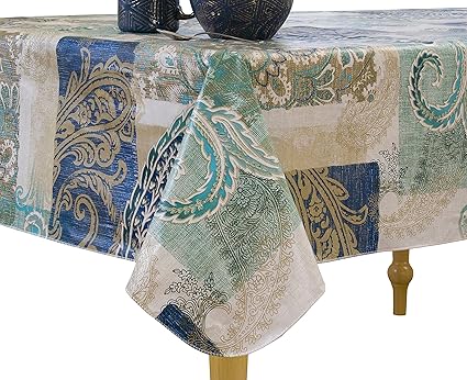 Elrene Home Fashions Vinyl Tablecloth with Polyester Flannel Backing Paisley Scroll Easy Care Spillproof, 60x102, Taupe Blue Green