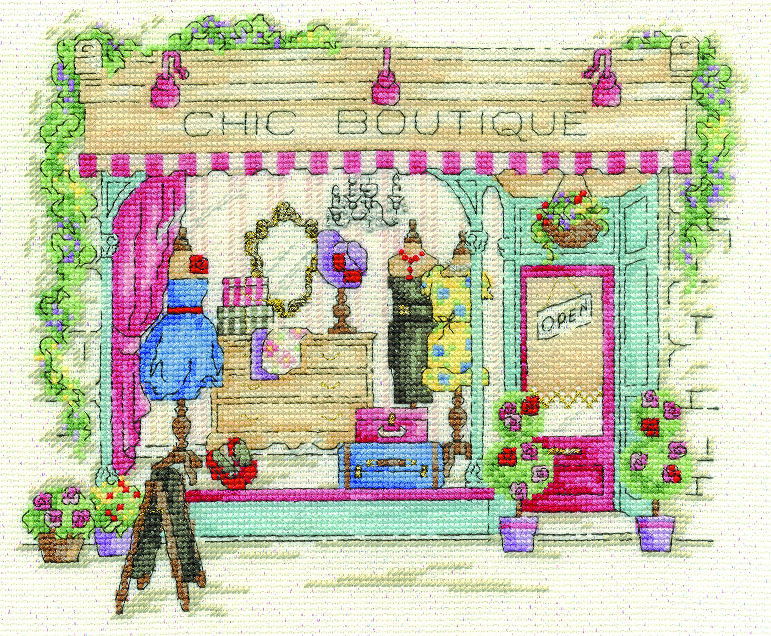 DMC Chic Boutique Kit, Includes Iridescent White Aida 14 Count Fabric, Embroidery Thread, Needle and Instructions