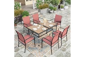HERA'S HOUSE Patio Table and Chairs Set, 60" Rectangular Outdoor PVC Table with Umbrella Hole, 7 Pieces Outdoor Dining Furniture Sets with 6 Patio Chairs for Backyard Lawn Garden Porch(Red)