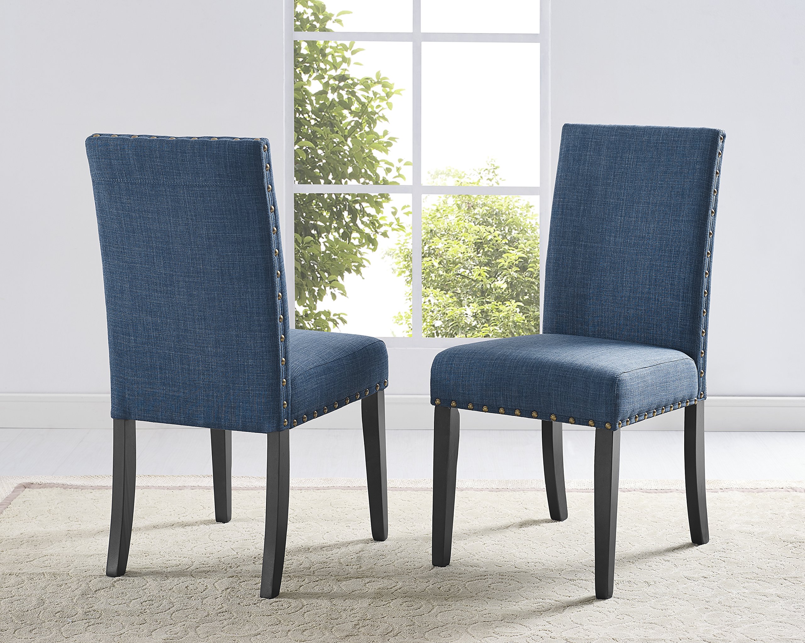 Roundhill Furniture Biony Blue Fabric Dining Chairs with Nailhead Trim
