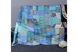 Boho Sanskriti Indian Silk Patchwork Kantha Quilts Queen Twin Size Patola Bedspread Throws Bedding Comforter Hand Quilted Blankets Premium Bohemian Bed Cover for - Mix Turquoise Color Shades Patches