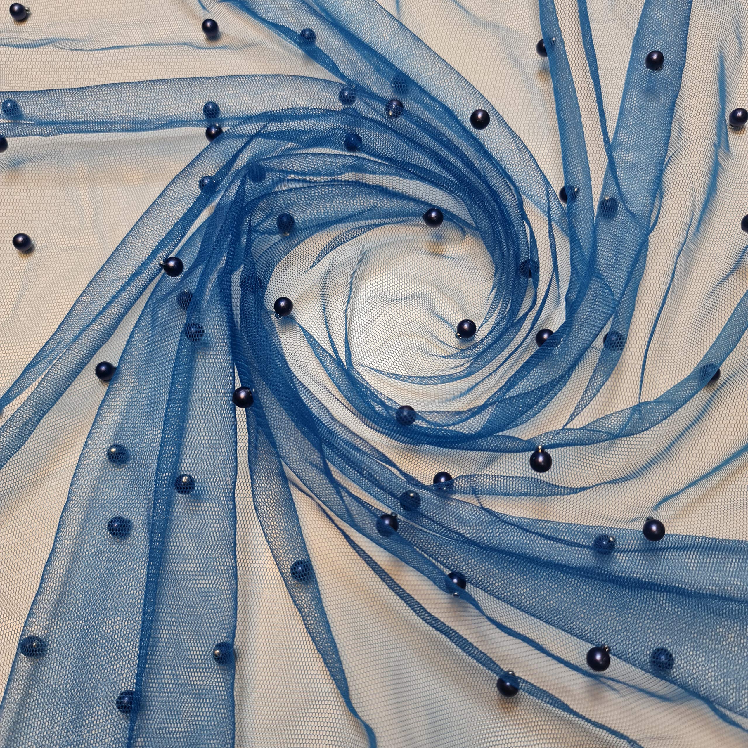 Textile Station 58" Wide Tulle Beaded Pearl Lace Net Fabric Bridal Veil Wedding Backdrop Décor Available in 25 Colours (Patrol Blue, 1 Meter)