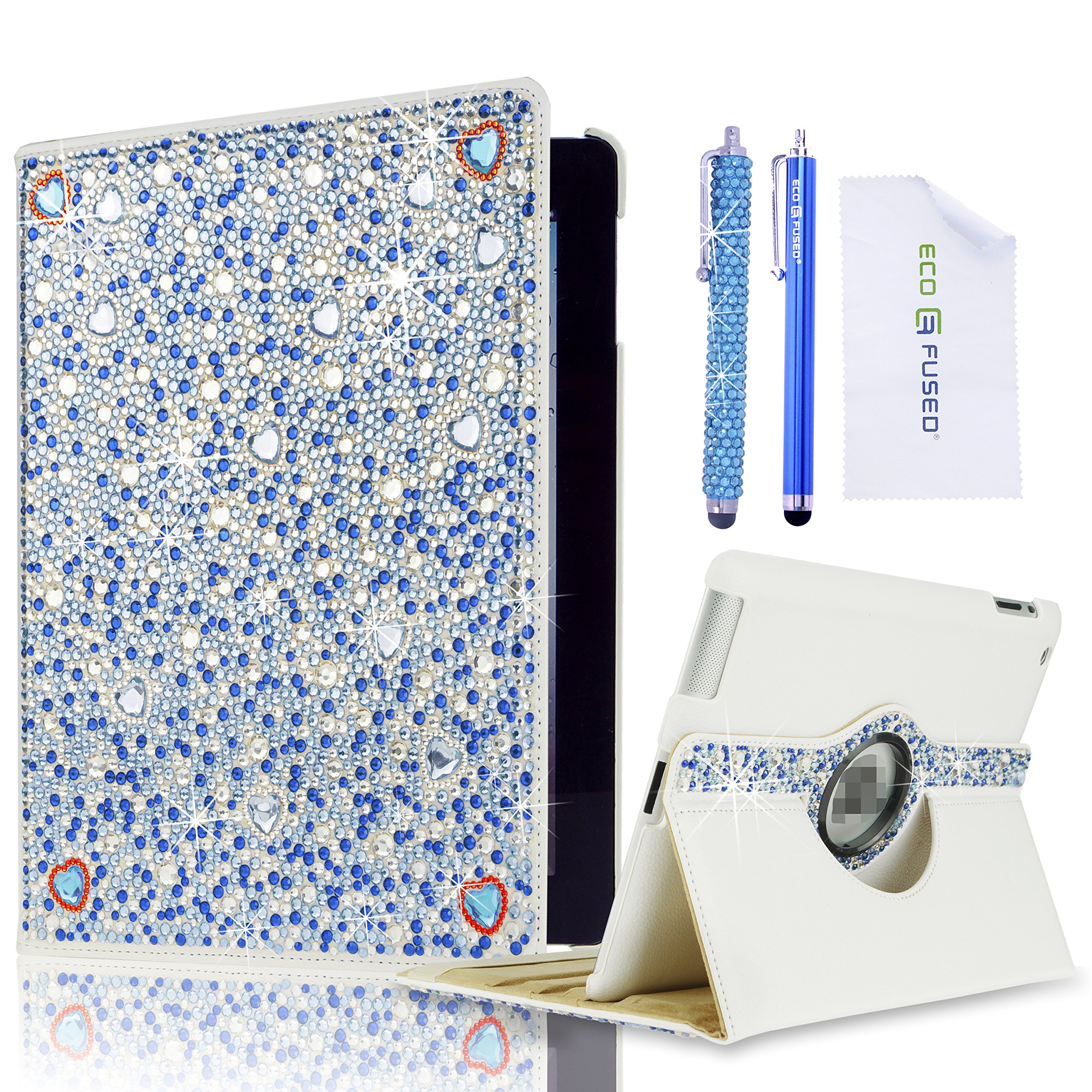 Eco-Fused Rotating Faux Leather Bling Case Compatible with Apple iPad 4, iPad 3, iPad 2 / Stylus Pen/Long Stylus Pen/Microfiber Cleaning Cloth/Cute Rhinestone Cover Perfect for Girls