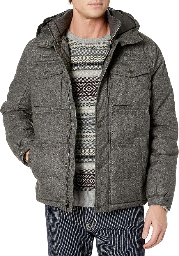 Tommy Hilfiger Men's Herringbone Puffer Jacket with Hood, Charcoal