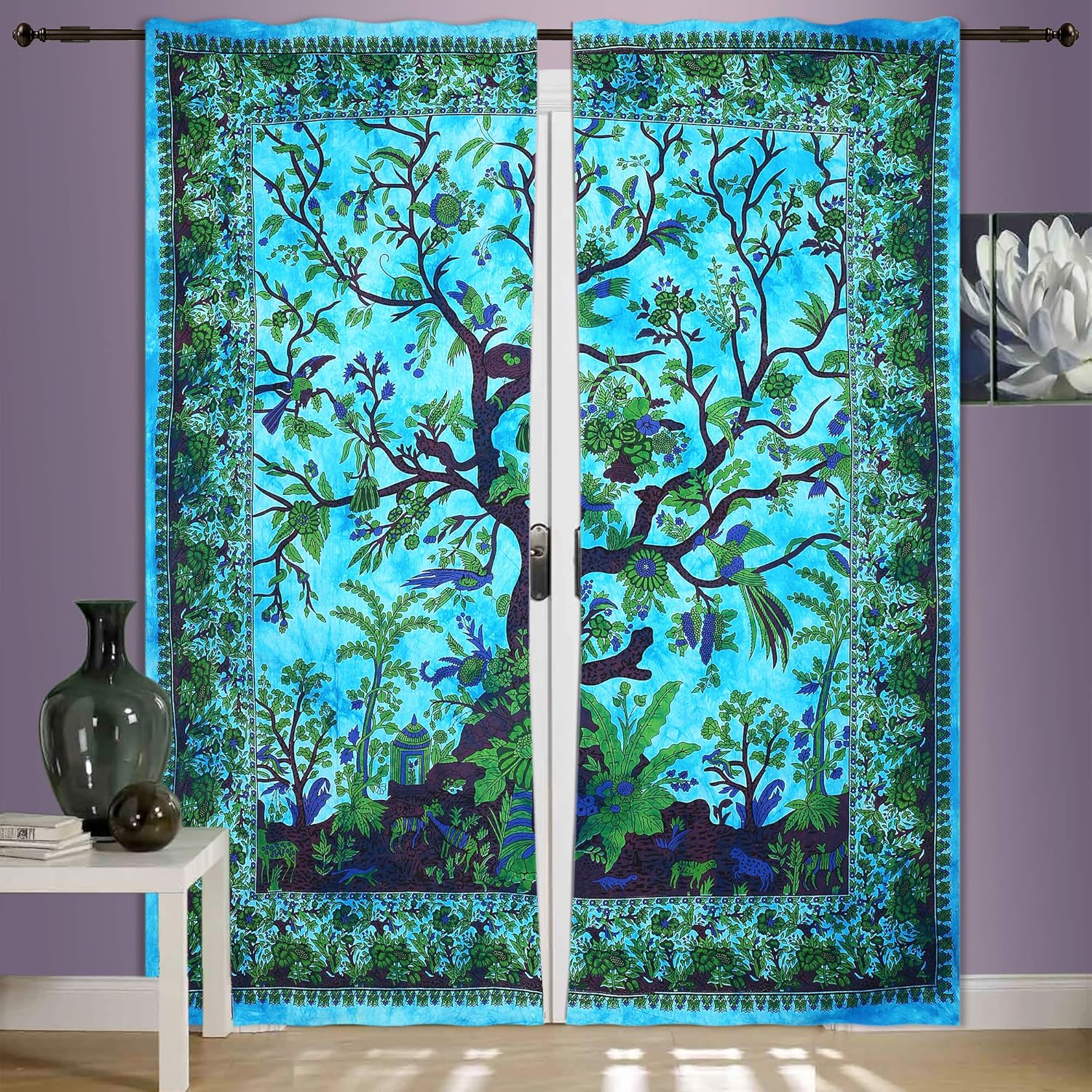Tree Of Life Curtain Wall Hanging,2 Panels Set, 82 X 82 Inch Mandala