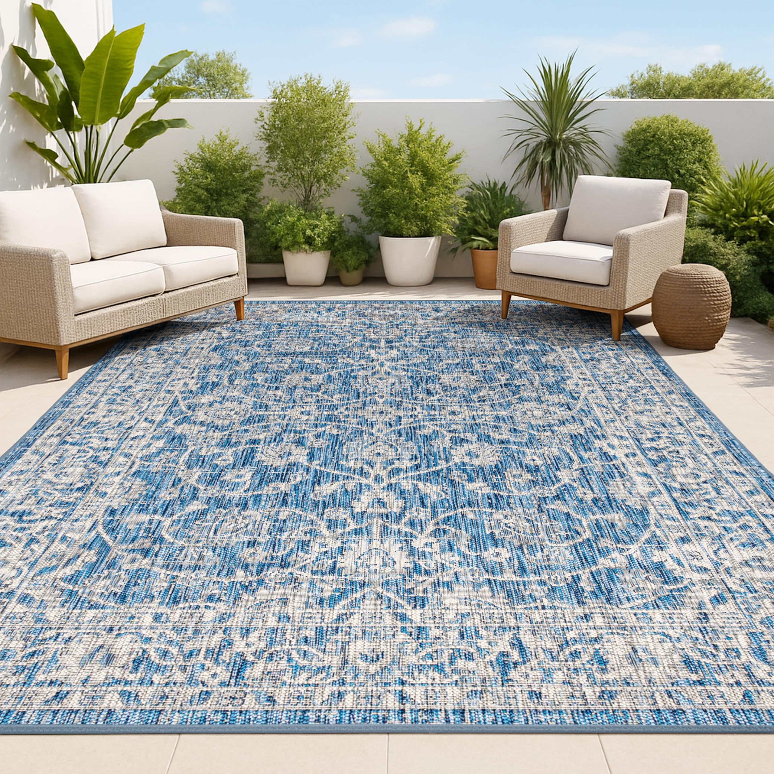 JONATHAN Y Vine and Border Indoor Outdoor Area Rug 8X10 Navy/Gray, Palazzo Textured Weave for Backyard, Patio, Porch, Easy-Cleaning, High Traffic, Pet-Friendly, Non-Shedding (SMB103A-8) Image