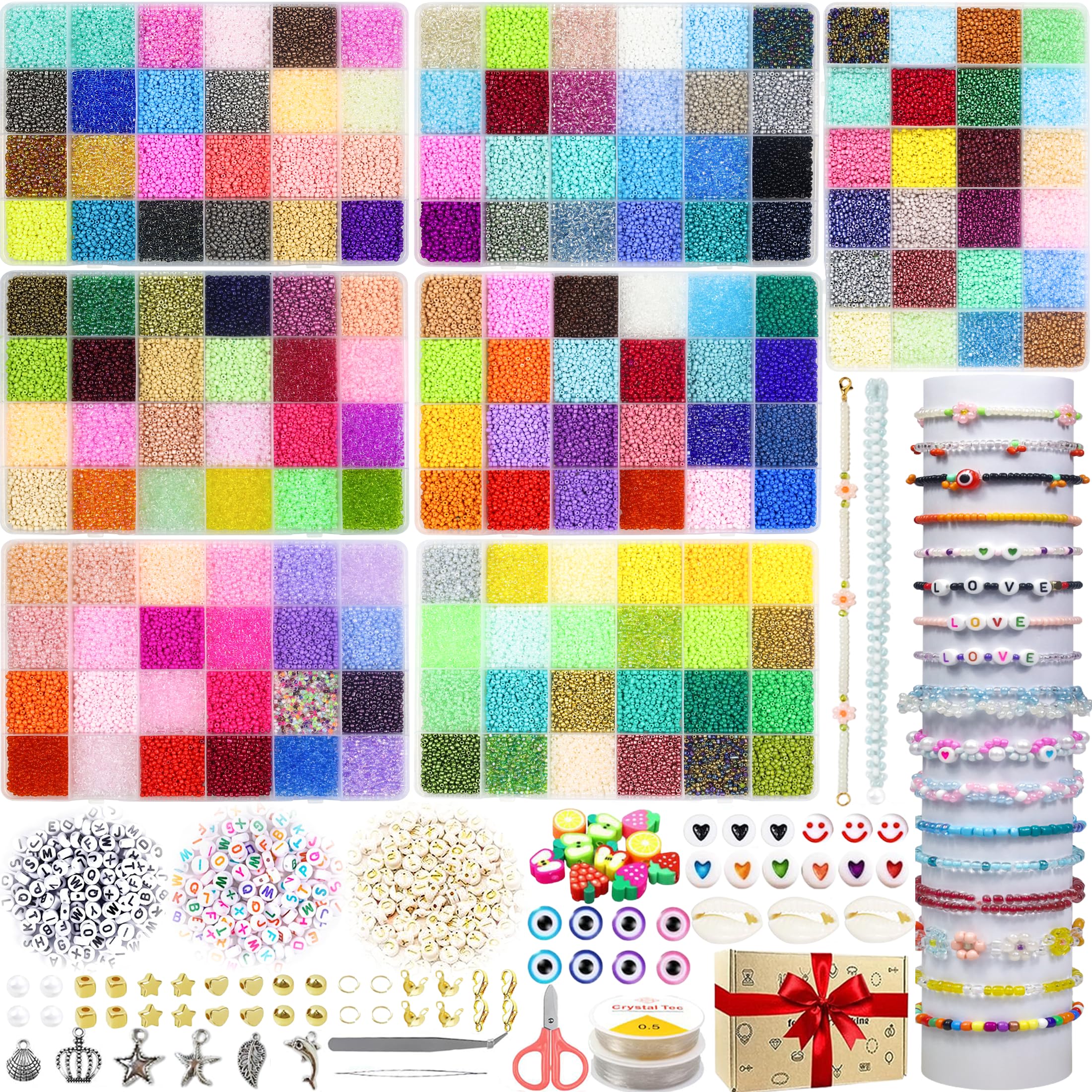 HYHJMISTY 75000pcs 2mm Glass Seed Beads for Jewelry Making Kit, 168Colors Small Bracelet Beads with Alphabet Letter and String for DIY Bracelets Necklaces Jewellery, DIY Art Craft Kit for Gifts
