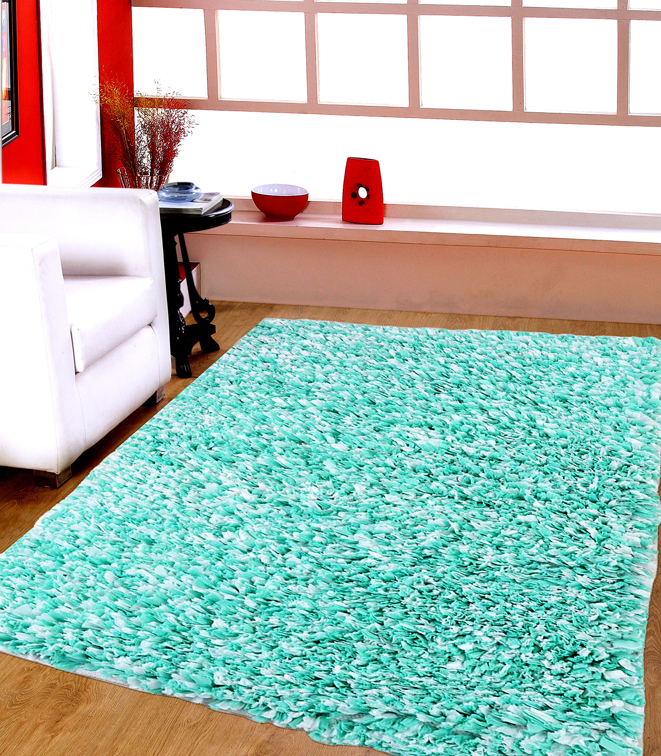 Shines LLC Vogue Shag Collection - (5'x8') Silk Rayon Viscose and Cotton Shag Textured Pattern Accent Royal Shag Mint Green Area Rugs