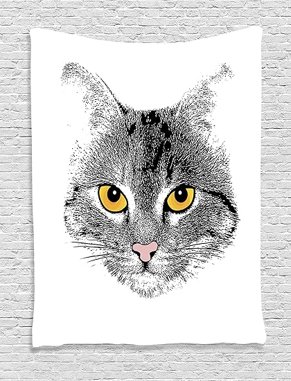 Ambesonne Cat Lover Decor Collection Grunge Background With Stylized Cat Face Hairy Animal Sketch Drawing Effect Bedroom Living Room Dorm Wall