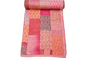 Marubhumi Indian Handmade Quilt Indian Silk Sari Kantha Quilted Patchwork (Twin (60"x 90"), Peach)